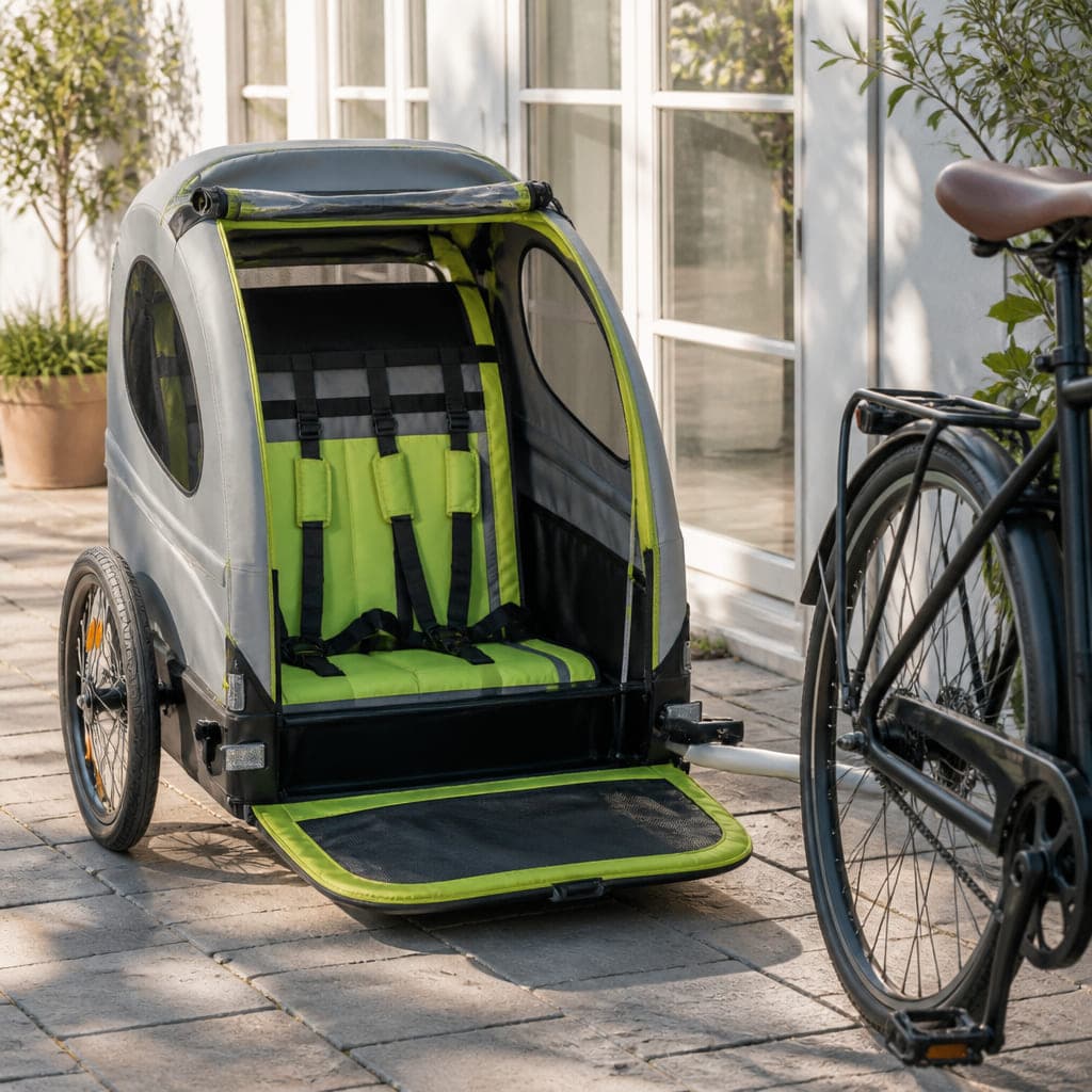 Aufgeklappter Kinderanhänger für zwei Kinder neben einem Fahrrad auf dem Gehweg