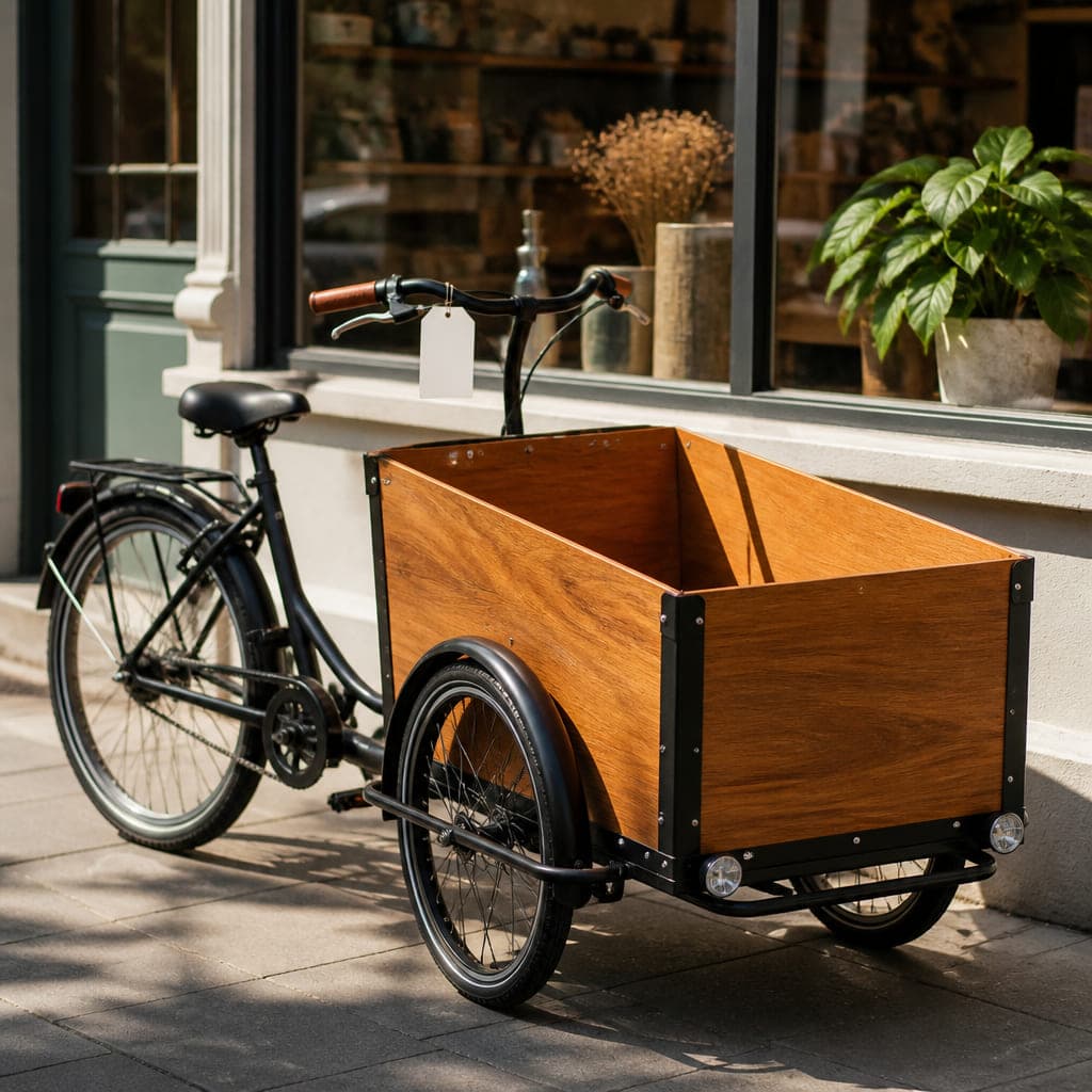 Leih-Lastenrad mit leerem Holzkasten vor dem Schaufenster