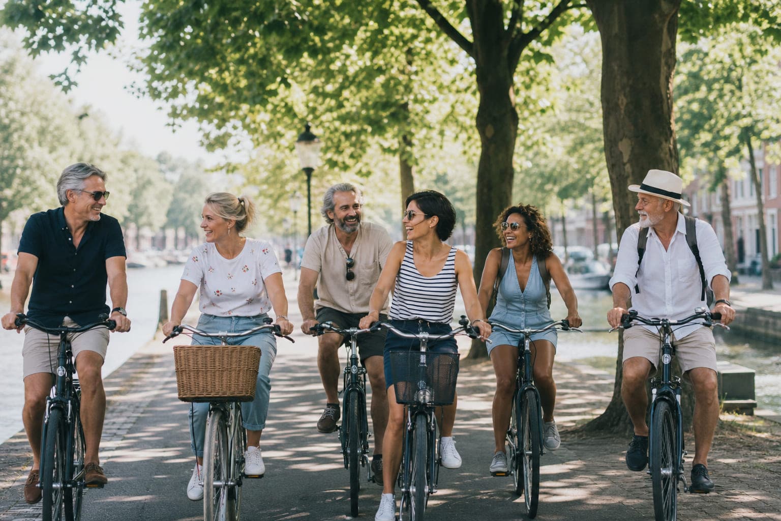 Sechs Erwachsene fahren nebeneinander auf einem sonnigen Kanalweg, sie lachen und unterhalten sich