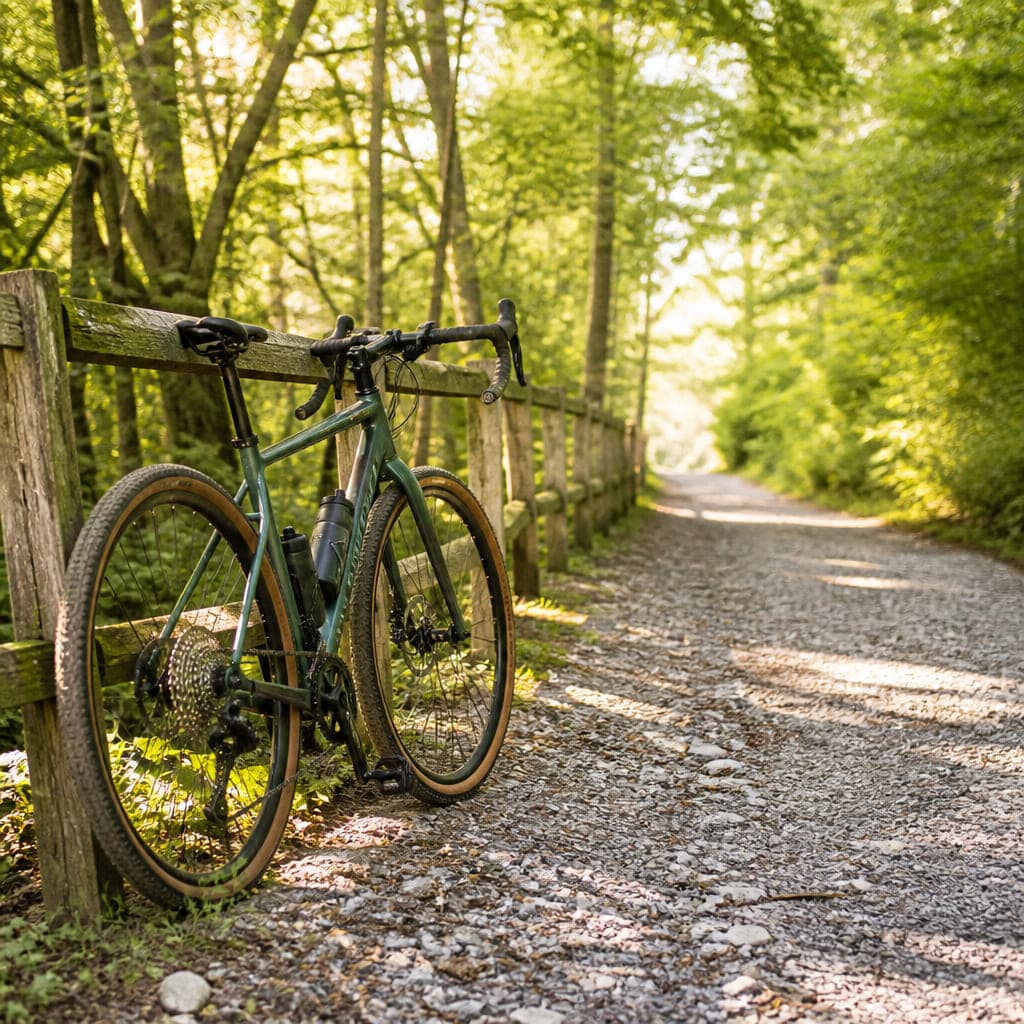 Gravelrad an einen Holzzaun am Rand eines sonnigen Waldwegs gelehnt