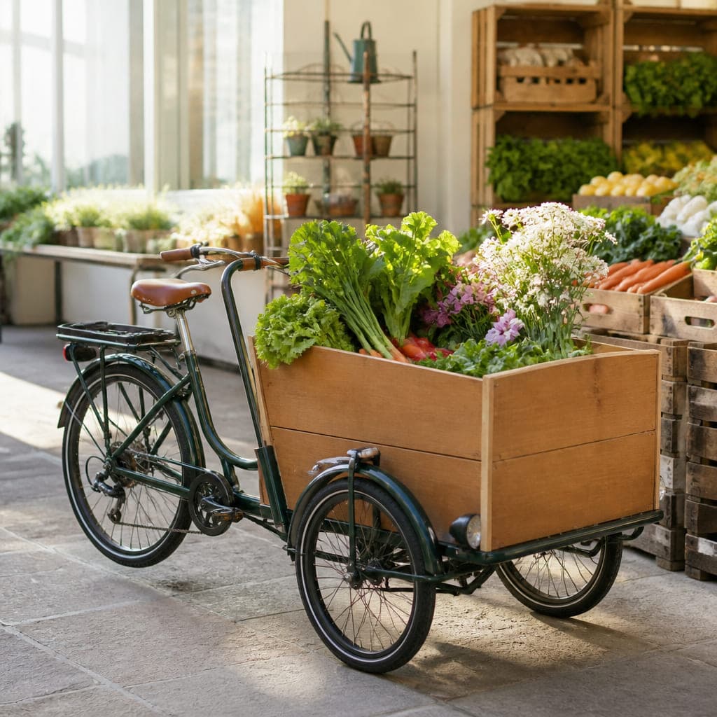 Lastenrad mit Gemüsekisten und einem Blumenstrauß im Holzkasten vor einem Marktstand