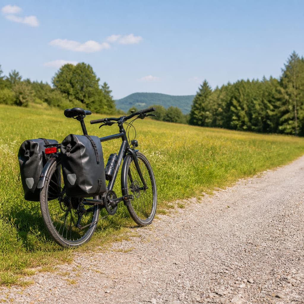Trekkingrad mit zwei Packtaschen auf einem Kiesweg neben einer sonnigen Wiese