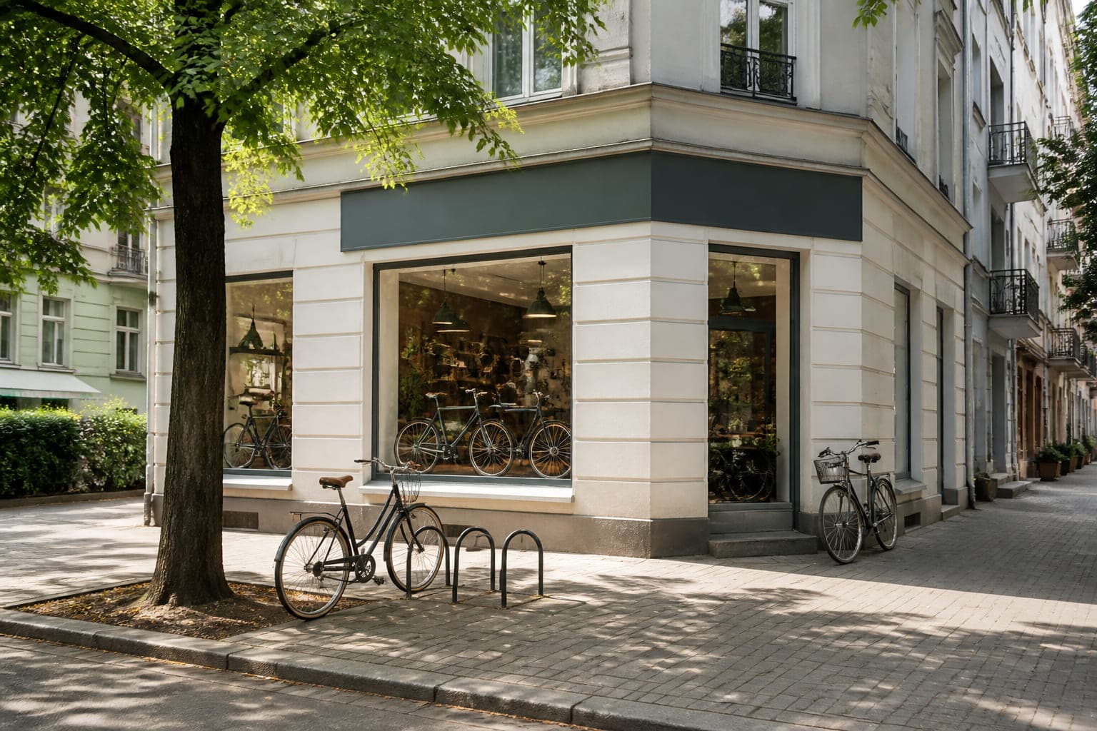 Die Ladenfront an einem Eckhaus bei Sonne, zwei große Schaufenster mit Rädern dahinter, davor Fahrradbügel auf dem breiten Gehweg