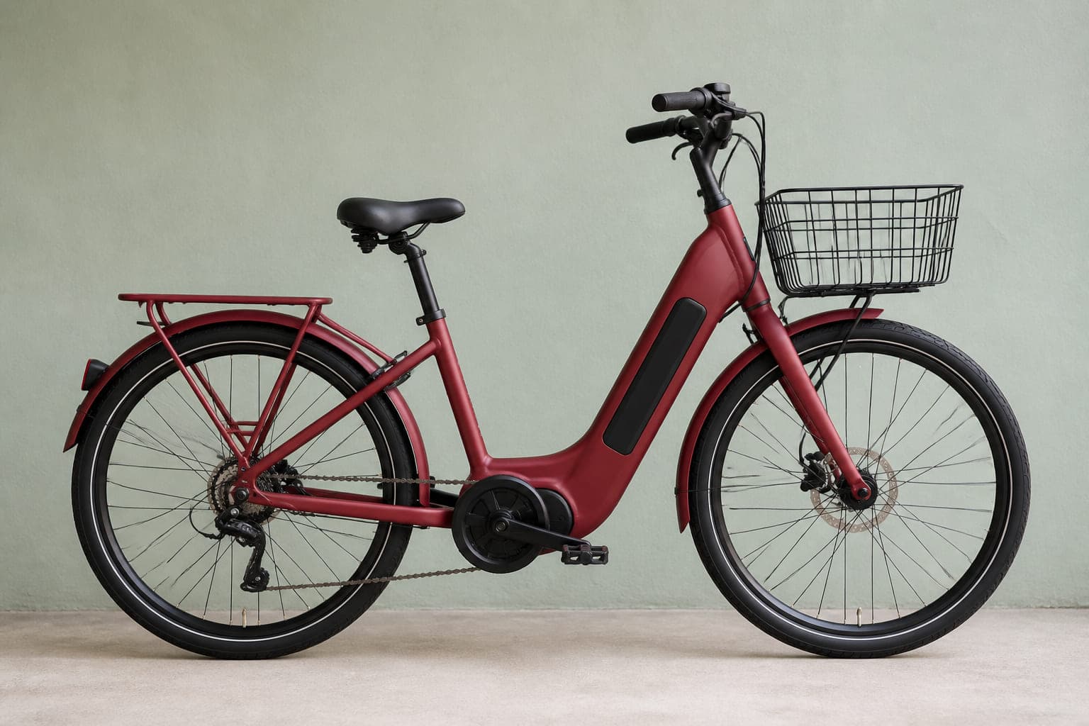 Stadt-E-Bike in gedecktem Ziegelrot mit sehr tiefem Wave-Rahmen, Mittelmotor und großem Frontkorb, von der Seite