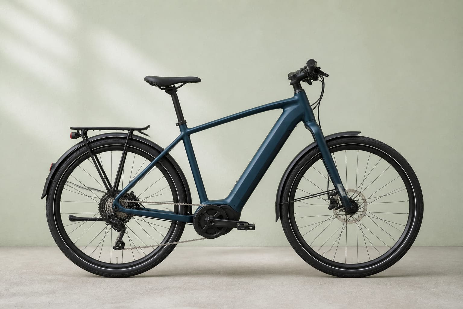 Trekking-E-Bike in Petrolblau mit Mittelmotor am Tretlager und Akku im Unterrohr, von der Seite