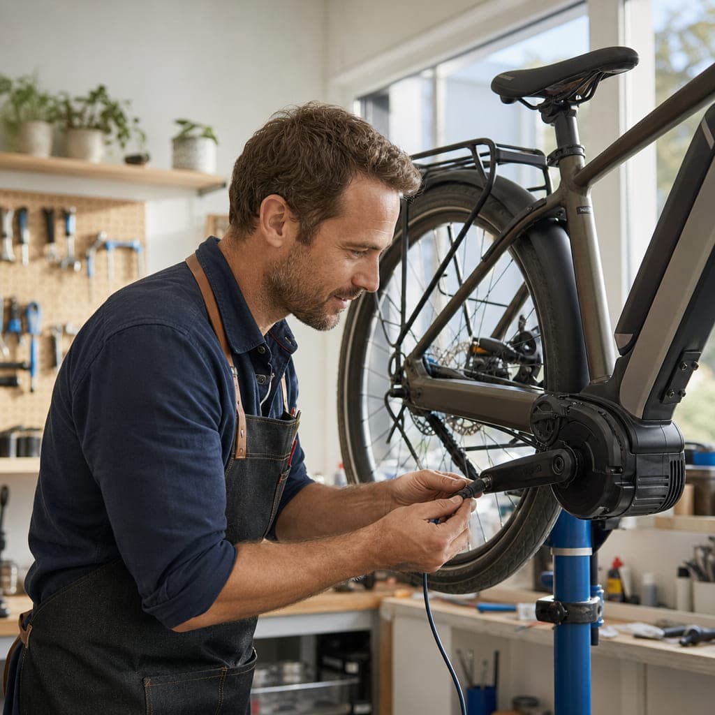 Ein Mechaniker schließt ein Diagnosekabel an den Mittelmotor eines E-Bikes im Montageständer an