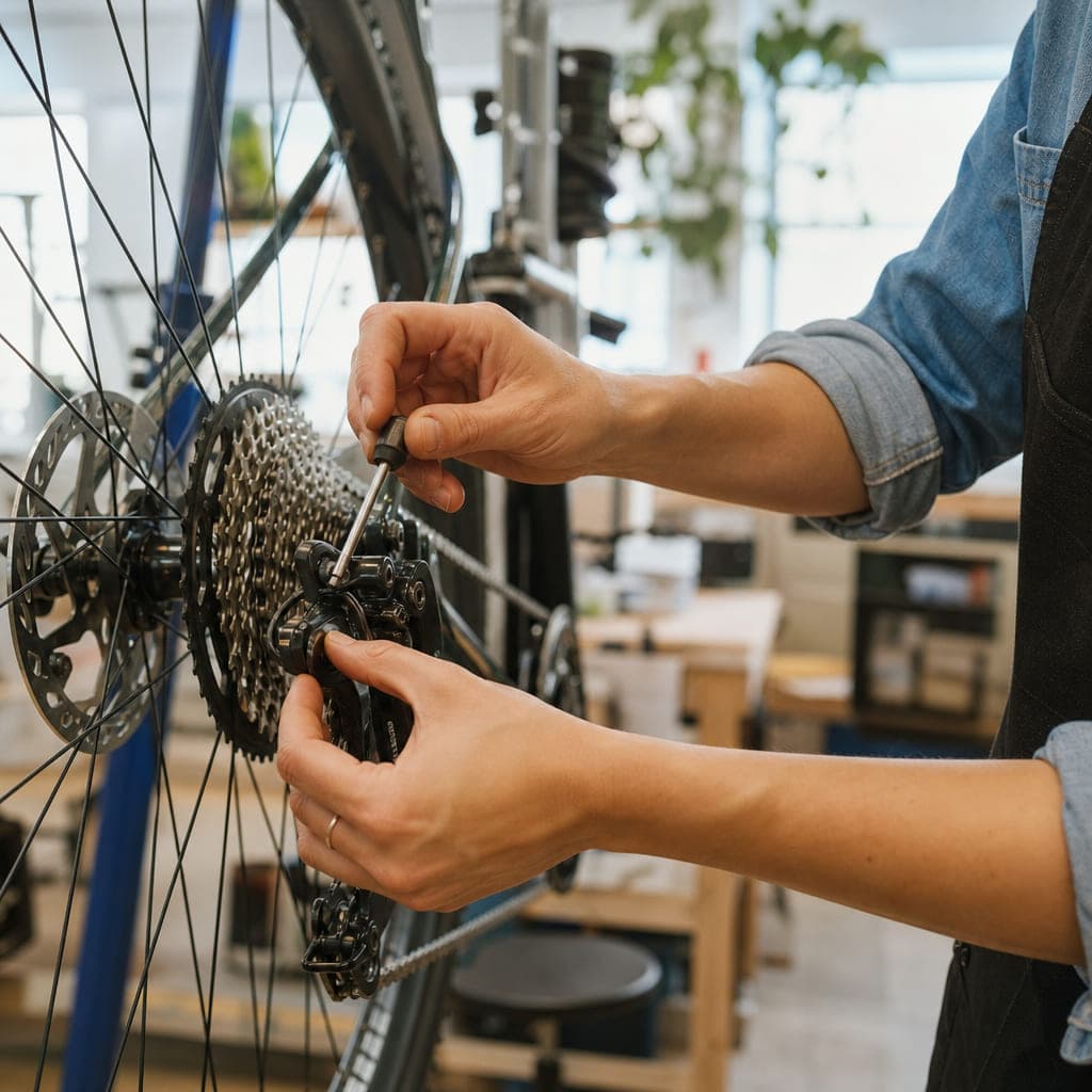 Die Hände einer Mechanikerin stellen mit einem kleinen Schraubendreher das Schaltwerk eines eingespannten Rades ein